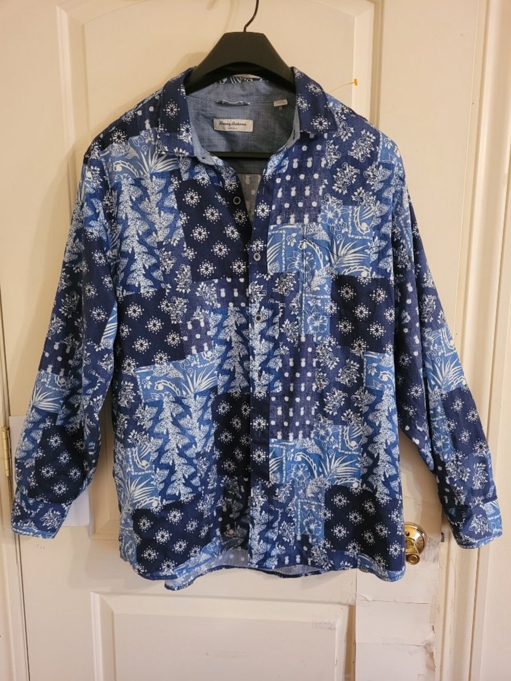 Tommy Bahama Tortola Men XXL Blue Colorblock Patchwork Tencel Cotton Long Sleeve